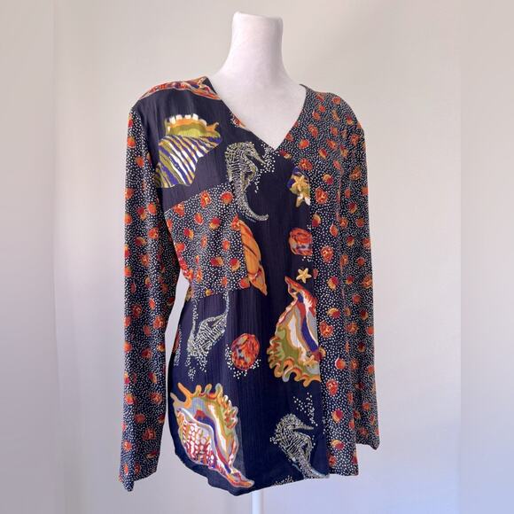 Vintage Y2K A.K.F. New York Ocean Print V-Neck Long Sleeve Button Down Blouse - Picture 5 of 8